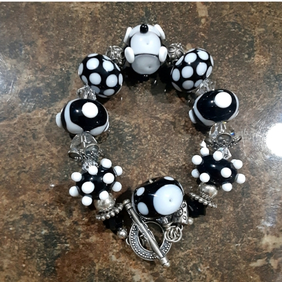 Vintage Jewelry - Vintage Sterling silver, murano glass hobnail and AB bead toggle bracelet